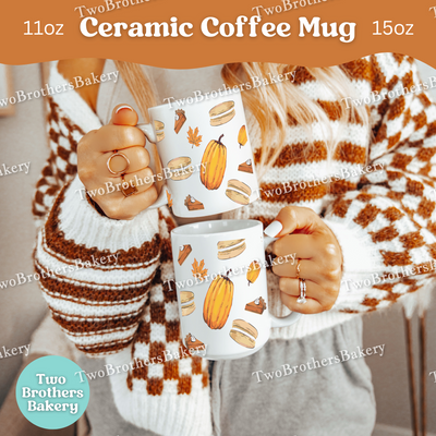 Pumpkin Macaron Coffee Mug, Fall Pie & Pumpkin Spice Ceramic Mug, 11oz or 15oz, Dishwasher Safe Gift for Bakers and Autumn Dessert Lovers