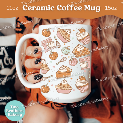 Fall Baking Coffee Mug, Pumpkin Pie & Cupcake Pattern Ceramic Mug, 11oz or 15oz, Autumn Bakers Gift, PSL Lovers, Coffee Cup for Bakers