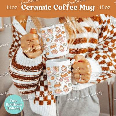 Fall Baking Coffee Mug, Pumpkin Pie & Cupcake Pattern Ceramic Mug, 11oz or 15oz, Autumn Bakers Gift, PSL Lovers, Coffee Cup for Bakers