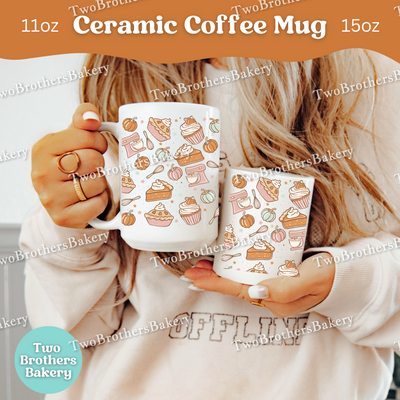 Fall Baking Coffee Mug, Pumpkin Pie & Cupcake Pattern Ceramic Mug, 11oz or 15oz, Autumn Bakers Gift, PSL Lovers, Coffee Cup for Bakers