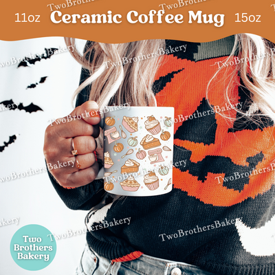 Fall Baking Coffee Mug, Pumpkin Pie & Cupcake Pattern Ceramic Mug, 11oz or 15oz, Autumn Bakers Gift, PSL Lovers, Coffee Cup for Bakers