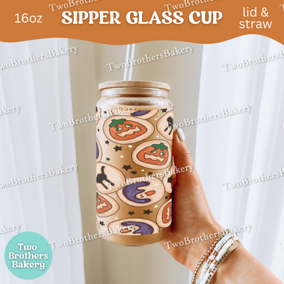 Halloween Cookie Sipper Glass Cup, Retro Sugar Cookie Baking Glass with Lid & Straw, Cute Fall Bakery Drinkware Gift, Nostalgia Cookie Cup