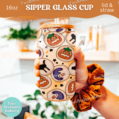 Halloween Cookie Sipper Glass Cup, Retro Sugar Cookie Baking Glass with Lid & Straw, Cute Fall Bakery Drinkware Gift, Nostalgia Cookie Cup