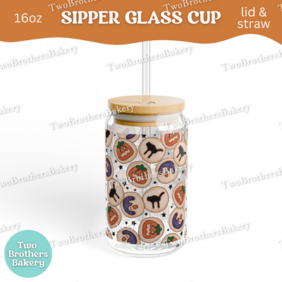 Halloween Cookie Sipper Glass Cup, Retro Sugar Cookie Baking Glass with Lid & Straw, Cute Fall Bakery Drinkware Gift, Nostalgia Cookie Cup