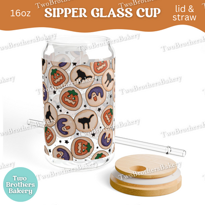 Halloween Cookie Sipper Glass Cup, Retro Sugar Cookie Baking Glass with Lid & Straw, Cute Fall Bakery Drinkware Gift, Nostalgia Cookie Cup