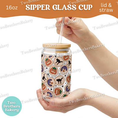Halloween Cookie Sipper Glass Cup, Retro Sugar Cookie Baking Glass with Lid & Straw, Cute Fall Bakery Drinkware Gift, Nostalgia Cookie Cup