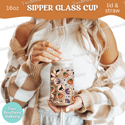 Halloween Cookie Sipper Glass Cup, Retro Sugar Cookie Baking Glass with Lid & Straw, Cute Fall Bakery Drinkware Gift, Nostalgia Cookie Cup