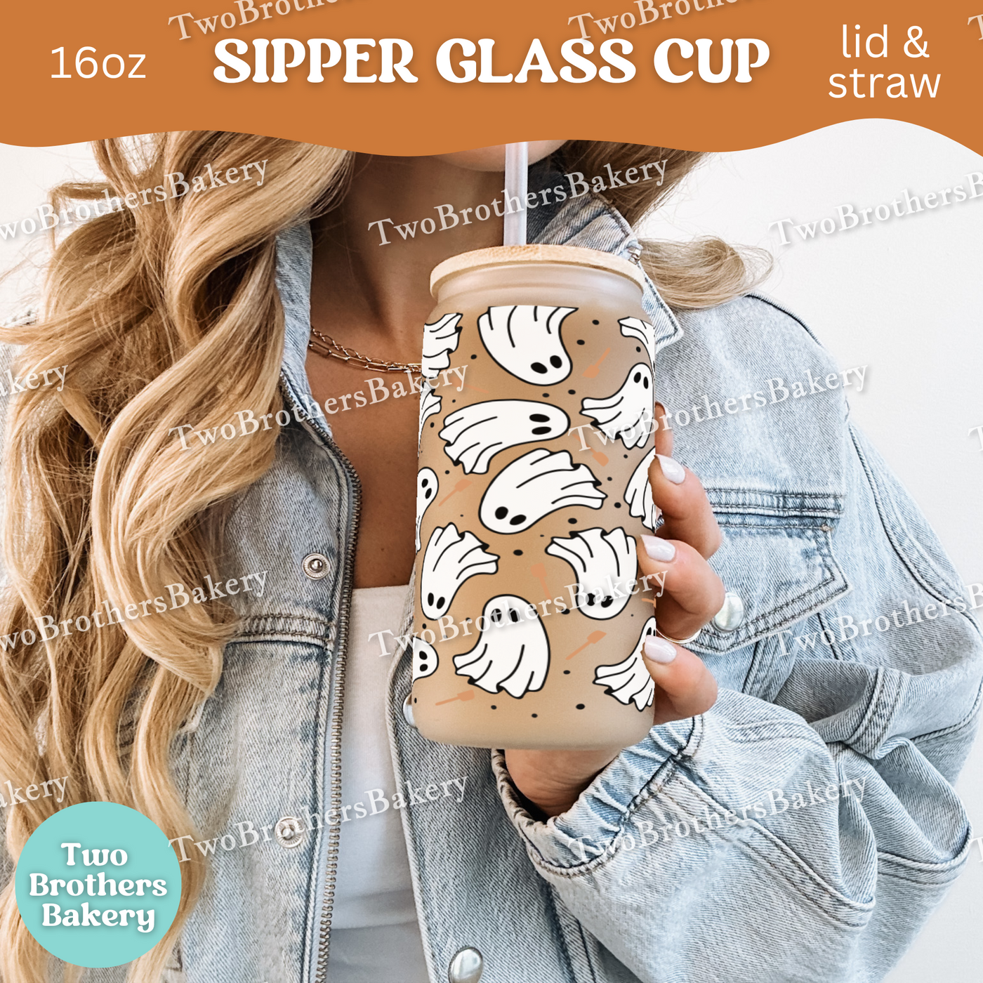 Halloween Baking Ghosts, 16oz Sipper Glass with Lid & Straw, Spooky Baking Drinkware, Halloween Baking Fuel, Haunted Bakery, Glass Cup Wrap