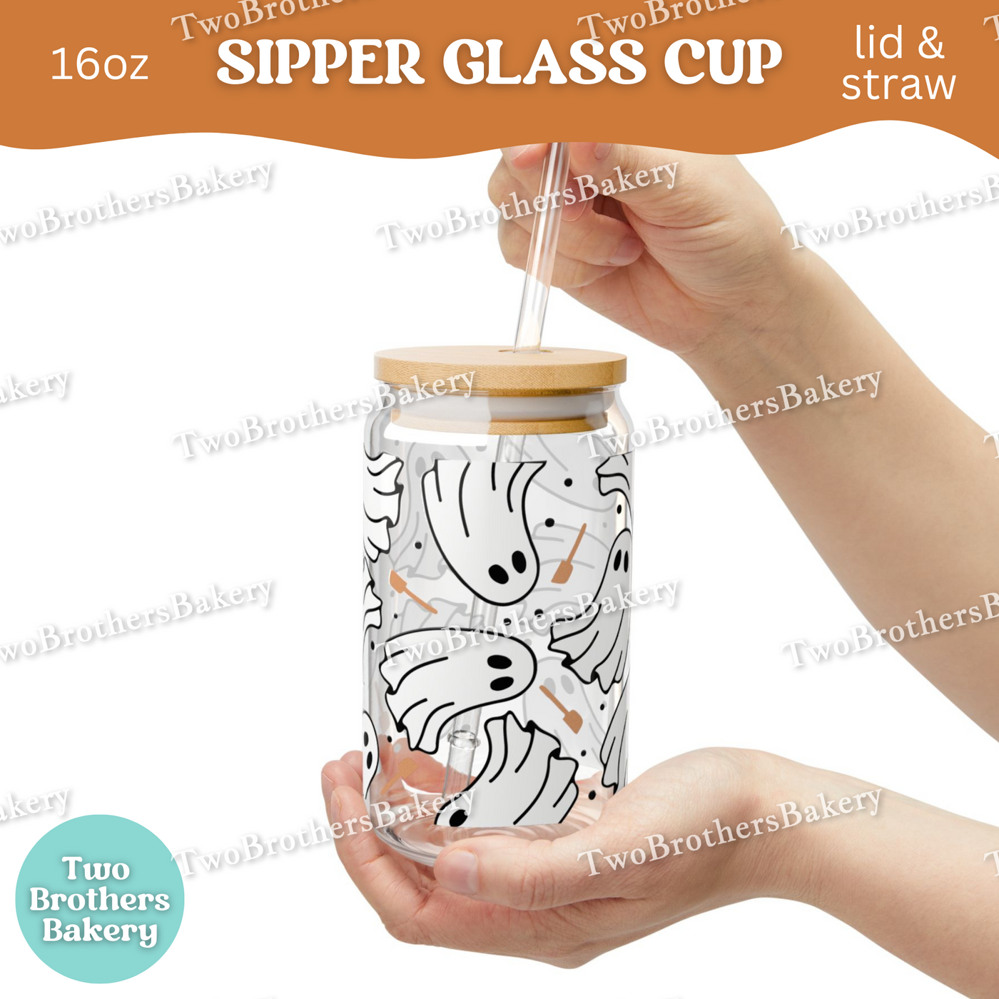 Halloween Baking Ghosts, 16oz Sipper Glass with Lid & Straw, Spooky Baking Drinkware, Halloween Baking Fuel, Haunted Bakery, Glass Cup Wrap