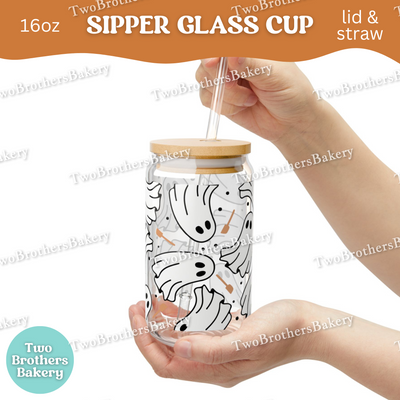 Halloween Baking Ghosts, 16oz Sipper Glass with Lid & Straw, Spooky Baking Drinkware, Halloween Baking Fuel, Haunted Bakery, Glass Cup Wrap