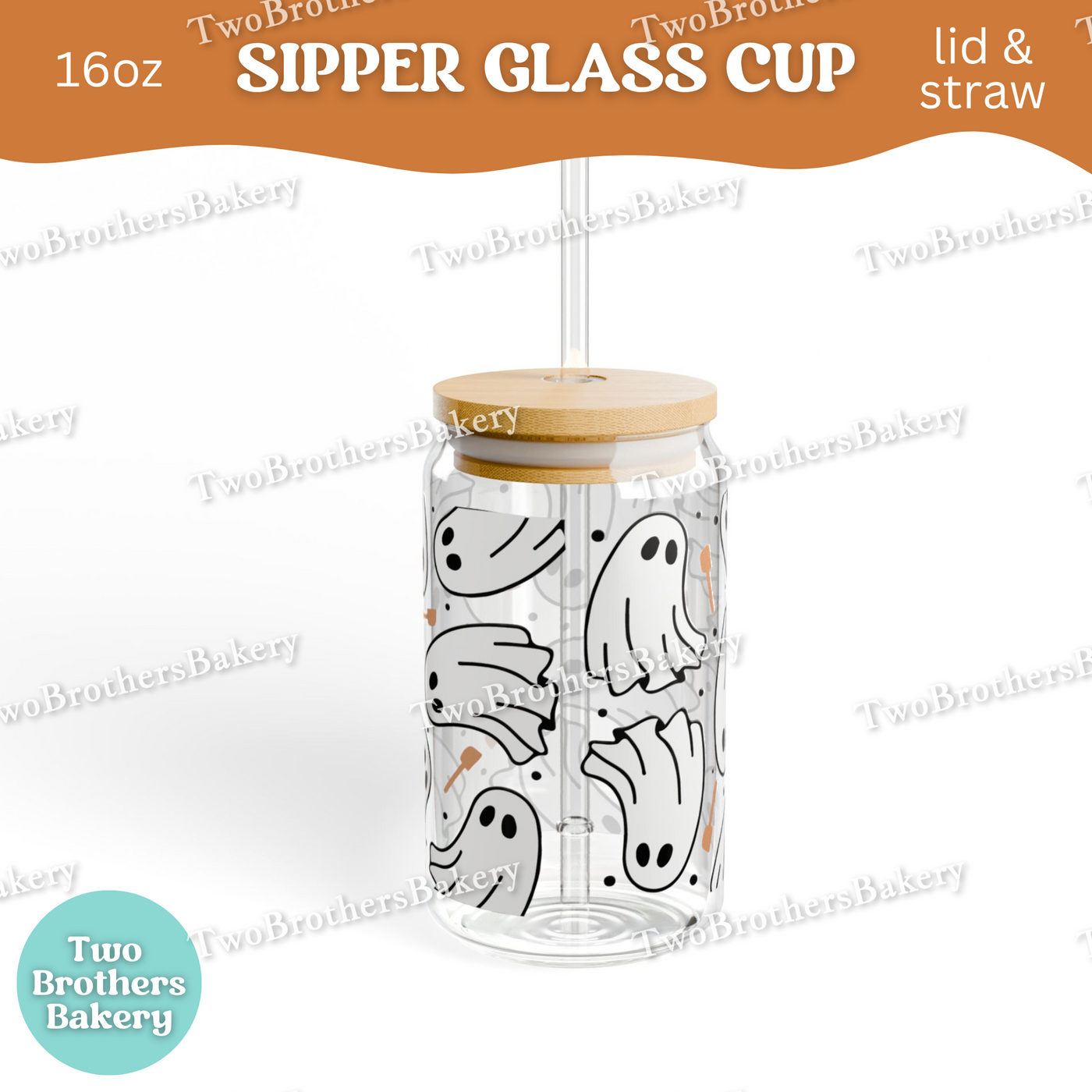 Halloween Baking Ghosts, 16oz Sipper Glass with Lid & Straw, Spooky Baking Drinkware, Halloween Baking Fuel, Haunted Bakery, Glass Cup Wrap