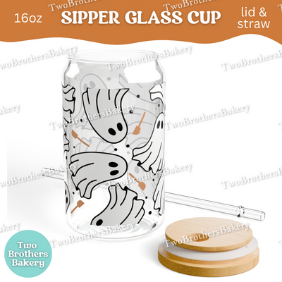Halloween Baking Ghosts, 16oz Sipper Glass with Lid & Straw, Spooky Baking Drinkware, Halloween Baking Fuel, Haunted Bakery, Glass Cup Wrap