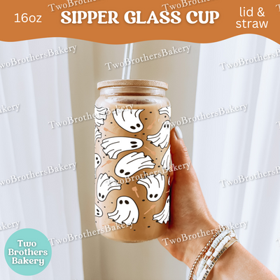 Halloween Baking Ghosts, 16oz Sipper Glass with Lid & Straw, Spooky Baking Drinkware, Halloween Baking Fuel, Haunted Bakery, Glass Cup Wrap