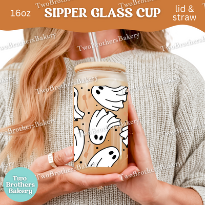 Halloween Baking Ghosts, 16oz Sipper Glass with Lid & Straw, Spooky Baking Drinkware, Halloween Baking Fuel, Haunted Bakery, Glass Cup Wrap
