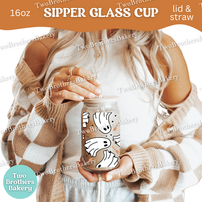 Halloween Baking Ghosts, 16oz Sipper Glass with Lid & Straw, Spooky Baking Drinkware, Halloween Baking Fuel, Haunted Bakery, Glass Cup Wrap
