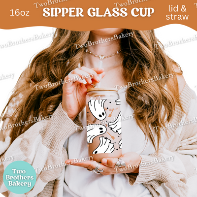 Halloween Baking Ghosts, 16oz Sipper Glass with Lid & Straw, Spooky Baking Drinkware, Halloween Baking Fuel, Haunted Bakery, Glass Cup Wrap