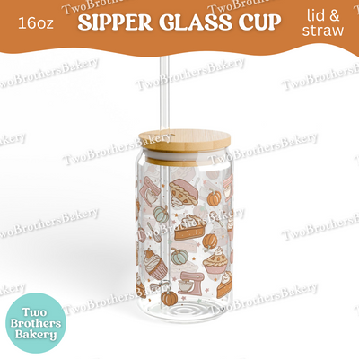 Fall Baking Glass Cup, 16oz Sipper with Bamboo Lid & Straw, Pumpkin Pie Cup, Cupcake Glass Cup, Drinkware for Fall Bakers, PSL Lover