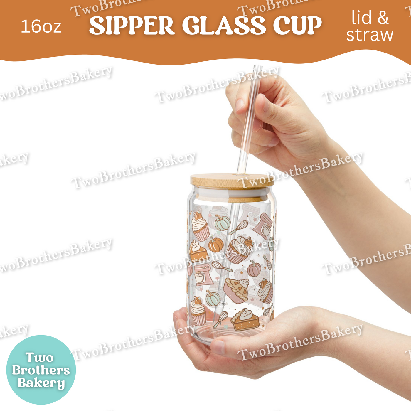 Fall Baking Glass Cup, 16oz Sipper with Bamboo Lid & Straw, Pumpkin Pie Cup, Cupcake Glass Cup, Drinkware for Fall Bakers, PSL Lover