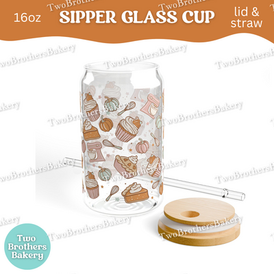 Fall Baking Glass Cup, 16oz Sipper with Bamboo Lid & Straw, Pumpkin Pie Cup, Cupcake Glass Cup, Drinkware for Fall Bakers, PSL Lover