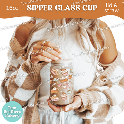 Fall Baking Glass Cup, 16oz Sipper with Bamboo Lid & Straw, Pumpkin Pie Cup, Cupcake Glass Cup, Drinkware for Fall Bakers, PSL Lover