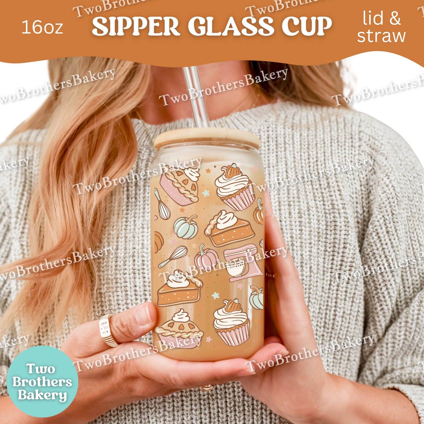 Fall Baking Glass Cup, 16oz Sipper with Bamboo Lid & Straw, Pumpkin Pie Cup, Cupcake Glass Cup, Drinkware for Fall Bakers, PSL Lover