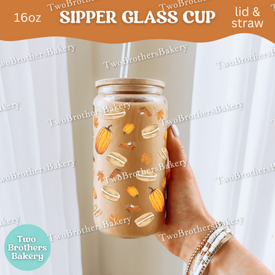 Fall Macaron Glass Cup, 16oz Sipper with Bamboo Lid & Straw, Pumpkin Pie, Autumn Drinkware for Bakers, Pumpkin Spice, Thanksgiving Lovers
