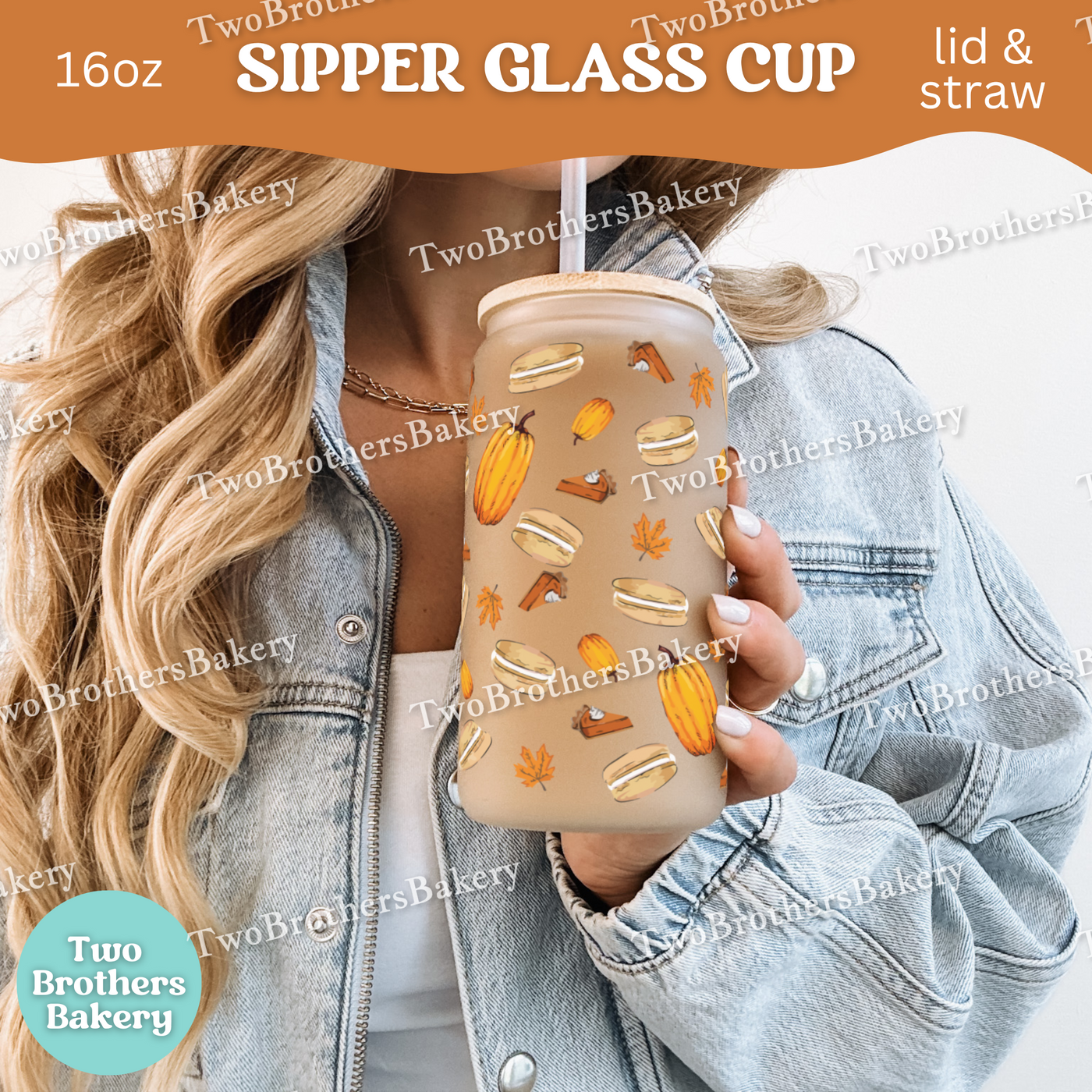 Fall Macaron Glass Cup, 16oz Sipper with Bamboo Lid & Straw, Pumpkin Pie, Autumn Drinkware for Bakers, Pumpkin Spice, Thanksgiving Lovers