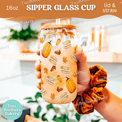 Fall Macaron Glass Cup, 16oz Sipper with Bamboo Lid & Straw, Pumpkin Pie, Autumn Drinkware for Bakers, Pumpkin Spice, Thanksgiving Lovers