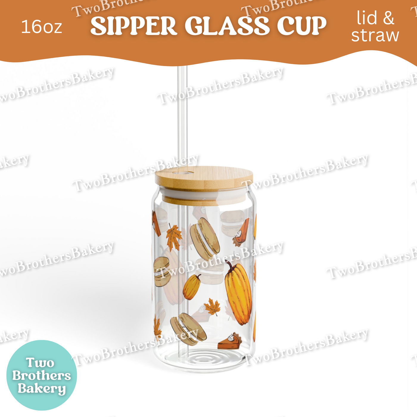 Fall Macaron Glass Cup, 16oz Sipper with Bamboo Lid & Straw, Pumpkin Pie, Autumn Drinkware for Bakers, Pumpkin Spice, Thanksgiving Lovers