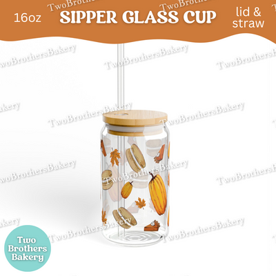Fall Macaron Glass Cup, 16oz Sipper with Bamboo Lid & Straw, Pumpkin Pie, Autumn Drinkware for Bakers, Pumpkin Spice, Thanksgiving Lovers