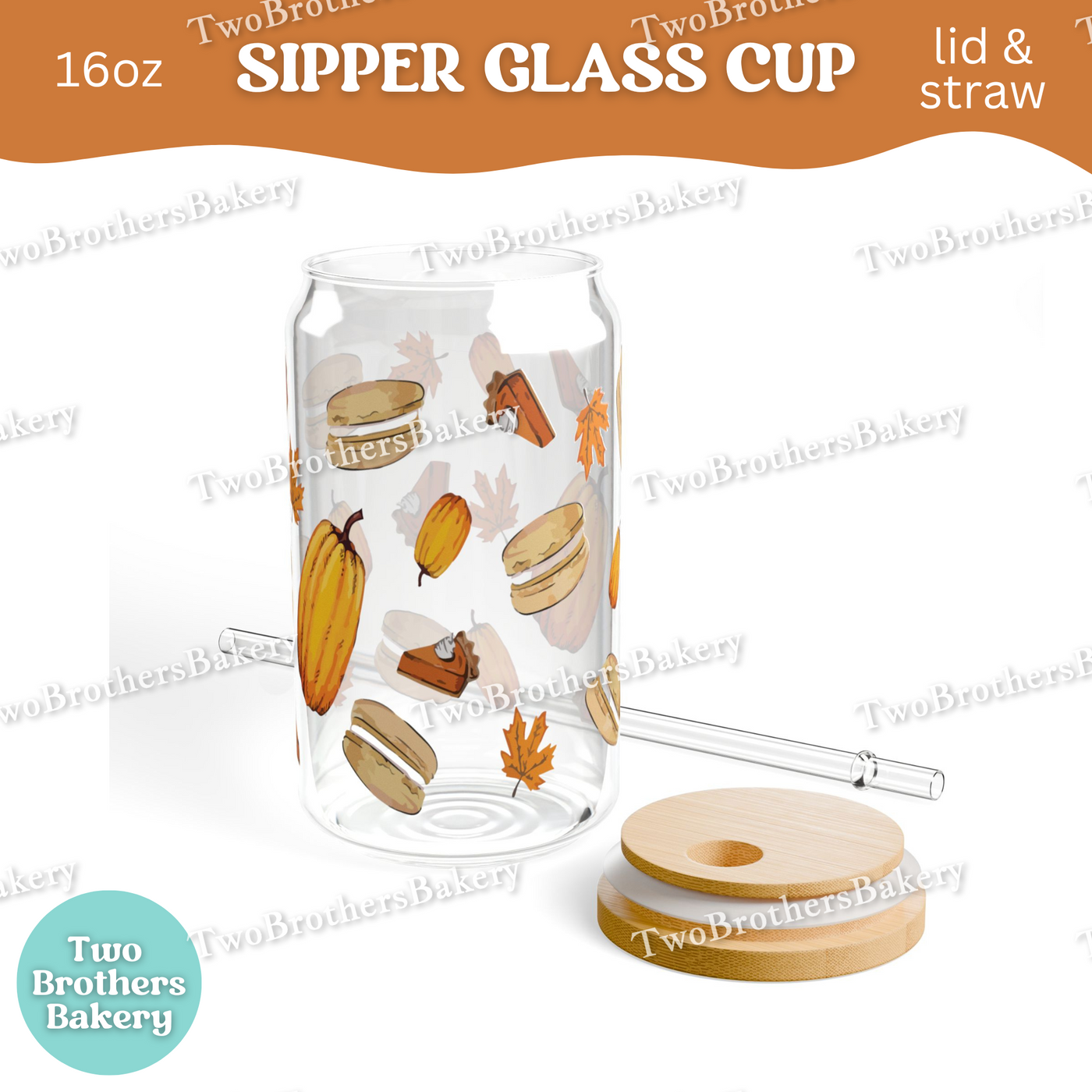 Fall Macaron Glass Cup, 16oz Sipper with Bamboo Lid & Straw, Pumpkin Pie, Autumn Drinkware for Bakers, Pumpkin Spice, Thanksgiving Lovers