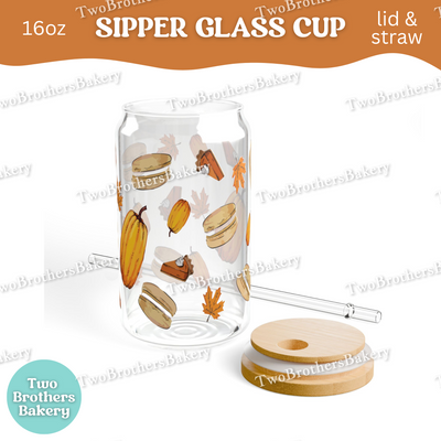 Fall Macaron Glass Cup, 16oz Sipper with Bamboo Lid & Straw, Pumpkin Pie, Autumn Drinkware for Bakers, Pumpkin Spice, Thanksgiving Lovers