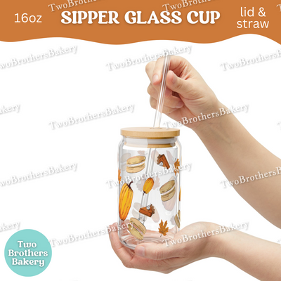 Fall Macaron Glass Cup, 16oz Sipper with Bamboo Lid & Straw, Pumpkin Pie, Autumn Drinkware for Bakers, Pumpkin Spice, Thanksgiving Lovers