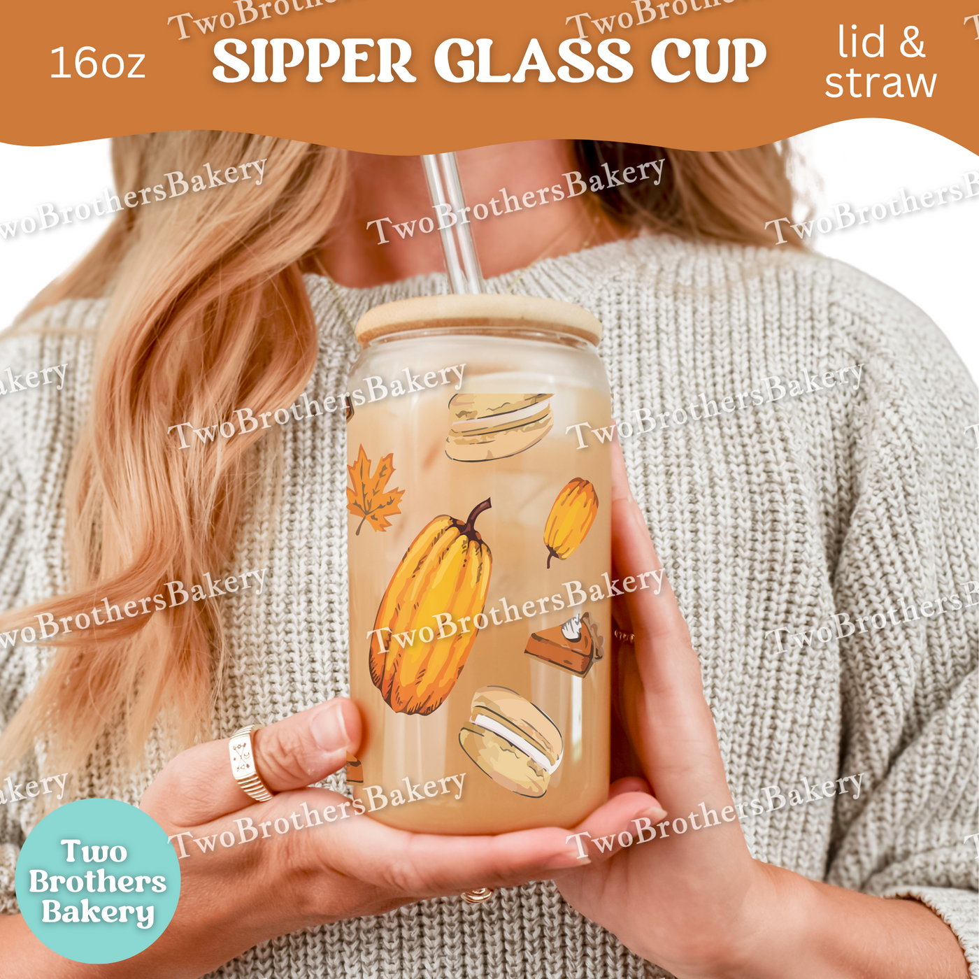 Fall Macaron Glass Cup, 16oz Sipper with Bamboo Lid & Straw, Pumpkin Pie, Autumn Drinkware for Bakers, Pumpkin Spice, Thanksgiving Lovers
