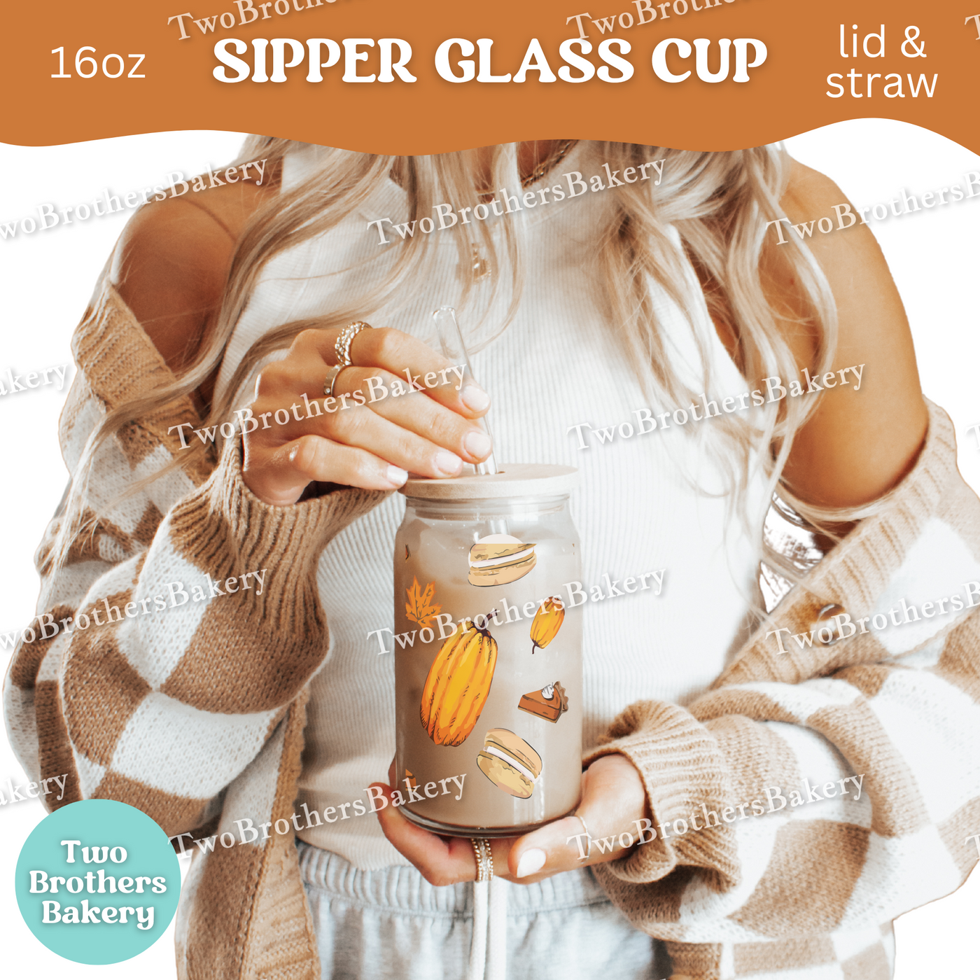Fall Macaron Glass Cup, 16oz Sipper with Bamboo Lid & Straw, Pumpkin Pie, Autumn Drinkware for Bakers, Pumpkin Spice, Thanksgiving Lovers