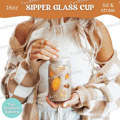 Fall Macaron Glass Cup, 16oz Sipper with Bamboo Lid & Straw, Pumpkin Pie, Autumn Drinkware for Bakers, Pumpkin Spice, Thanksgiving Lovers