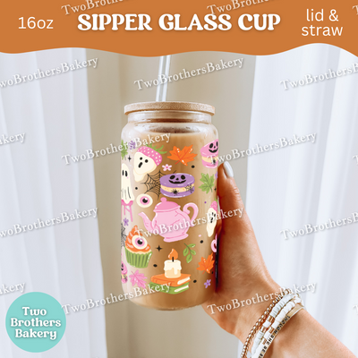 Haunted Tea Party Cup, 16oz Halloween Ghost Baker, Glass Can with Bamboo Lid & Straw, Cute Spooky Macaron Cupcake Cup, Haunted Bakery Cup