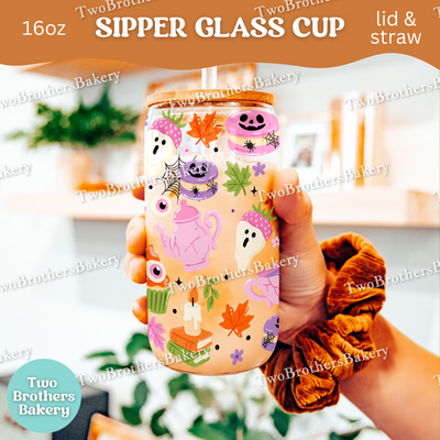 Haunted Tea Party Cup, 16oz Halloween Ghost Baker, Glass Can with Bamboo Lid & Straw, Cute Spooky Macaron Cupcake Cup, Haunted Bakery Cup