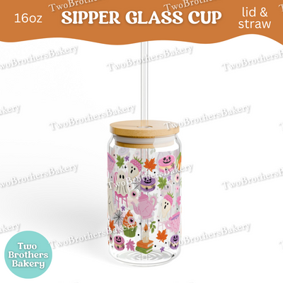 Haunted Tea Party Cup, 16oz Halloween Ghost Baker, Glass Can with Bamboo Lid & Straw, Cute Spooky Macaron Cupcake Cup, Haunted Bakery Cup