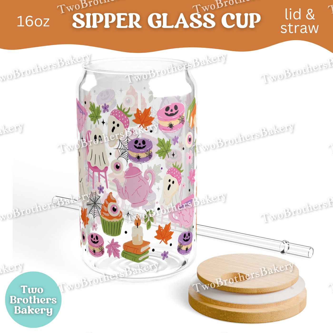 Haunted Tea Party Cup, 16oz Halloween Ghost Baker, Glass Can with Bamboo Lid & Straw, Cute Spooky Macaron Cupcake Cup, Haunted Bakery Cup
