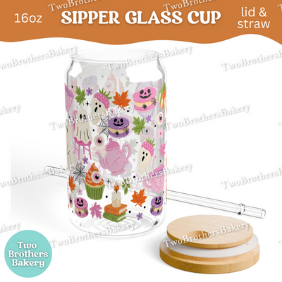 Haunted Tea Party Cup, 16oz Halloween Ghost Baker, Glass Can with Bamboo Lid & Straw, Cute Spooky Macaron Cupcake Cup, Haunted Bakery Cup