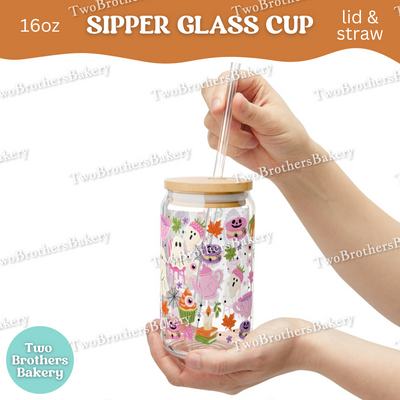 Haunted Tea Party Cup, 16oz Halloween Ghost Baker, Glass Can with Bamboo Lid & Straw, Cute Spooky Macaron Cupcake Cup, Haunted Bakery Cup