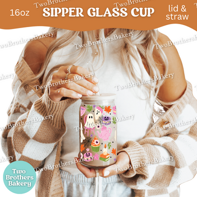 Haunted Tea Party Cup, 16oz Halloween Ghost Baker, Glass Can with Bamboo Lid & Straw, Cute Spooky Macaron Cupcake Cup, Haunted Bakery Cup