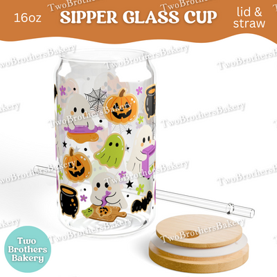 Halloween Ghost Bakery, 16oz Sipper Glass with Lid & Straw, Spooky Baking Drinkware, Halloween Baking Fuel, Haunted Bakery, Glass Cup Wrap