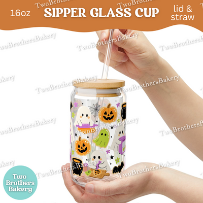 Halloween Ghost Bakery, 16oz Sipper Glass with Lid & Straw, Spooky Baking Drinkware, Halloween Baking Fuel, Haunted Bakery, Glass Cup Wrap