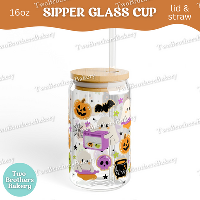 Halloween Ghost Bakery, 16oz Sipper Glass with Lid & Straw, Spooky Baking Drinkware, Halloween Baking Fuel, Haunted Bakery, Glass Cup Wrap