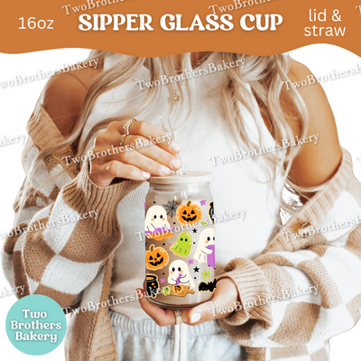 Halloween Ghost Bakery, 16oz Sipper Glass with Lid & Straw, Spooky Baking Drinkware, Halloween Baking Fuel, Haunted Bakery, Glass Cup Wrap