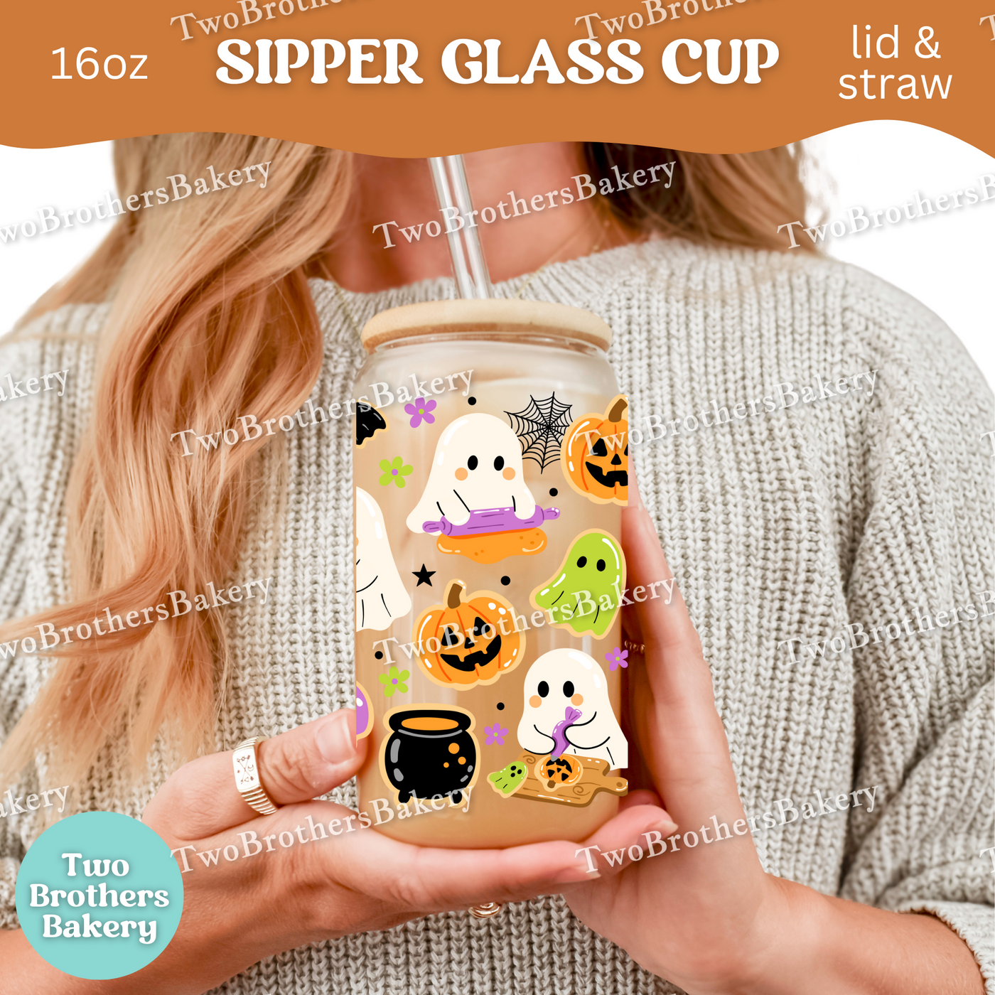 Halloween Ghost Bakery, 16oz Sipper Glass with Lid & Straw, Spooky Baking Drinkware, Halloween Baking Fuel, Haunted Bakery, Glass Cup Wrap