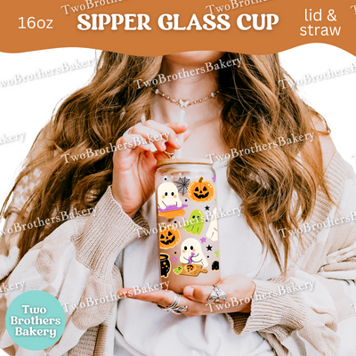 Halloween Ghost Bakery, 16oz Sipper Glass with Lid & Straw, Spooky Baking Drinkware, Halloween Baking Fuel, Haunted Bakery, Glass Cup Wrap