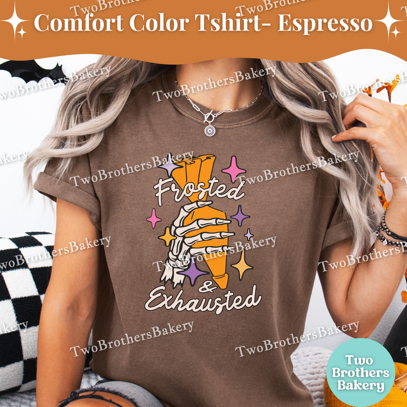 Frosted & Exhausted Halloween Baking Shirt, Skeleton Hand Baker Tee, Spooky Baker, Funny Tired Baker Gift, Halloween Baker, Piping Bag Tee